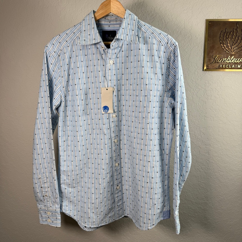 Boden Mens Small Blue White Striped Embroidered Dot‎ Button Down Shirt NWT